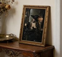 Tableau mural gothique avec chat noir et sorcière, encadré or, style vintage Dark Academia, impression sur toile pour Halloween, échantillons OEM ODM prêts en moins d'une journée