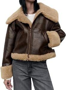Giacca di pelle da uomo calda da <span class=keywords><strong>donna</strong></span> foderata in <span class=keywords><strong>Shearling</strong></span> classico cappotto di pelle isolante invernale in stile Aviator - Product Image 2