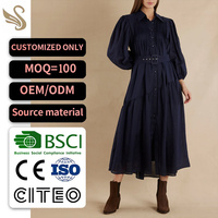 Robe chemise à manches bouffantes pour femme, col ceinturé, à volants, fabrication OEM/ODM sur mesure, faible MOQ, tenue de bureau
