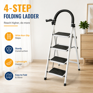 Échelle pliante à 4 marches avec main courante, porte-outils et marches larges antidérapantes, pour la maison, la cuisine et le garage - Stock Pologne - Product Image 5