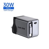 Chargeur GaN Type C 30W Tommox avec câble rétractable pour iPhone 17, adaptateur rapide pour iPhone 17 Pro, chargeur rapide pour iPad