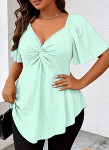 Joyinspring Blusa/Camisa de Fibra de Leche de Manga Corta con Cuello en V, Casual, Sólida, con Nudo, Estiliza, para Mujer, Tallas Grandes, Primavera, Verano, Otoño - Product Image 5