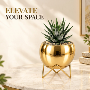 Modern Gold Metal Planter with Geometric Stand Chrome Plated Round <b>Pot</b> for Indoor <b>Succulents</b> - Product Image 4