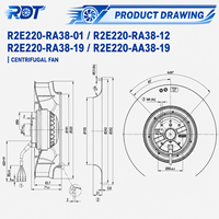 Ventilador Centrífugo AC R2E220-RA38-19, 230VAC, 115W, 2800RPM, 220mm, Aspas Curvadas hacia Atrás, Módulo Inversor, para Ventilación de Gabinetes