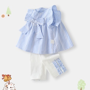 All'ingrosso tuta da bambina estiva senza maniche per <span class=keywords><strong>bambini</strong></span> pantaloni con fiocco a quadri Set 2 pezzi di abbigliamento moda per <span class=keywords><strong>bambini</strong></span> - Product Image 1
