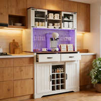 2026 Farmhaus-Küchenschrank mit Kaffeebar, Weinregal, LED-Beleuchtung, Glastüren, Buffet-Sideboard, Holzaufbewahrung für Zuhause
