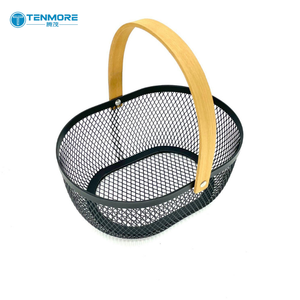 Nouveau panier de rangement ovale <span class=keywords><strong>en</strong></span> métal grillagé avec poignée <span class=keywords><strong>en</strong></span> <span class=keywords><strong>bois</strong></span> pour la <span class=keywords><strong>cuisine</strong></span>, les fruits, l'organisation de la salle de bain - Product Image 1