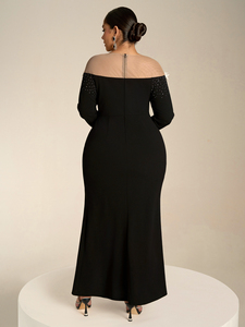 Cộng Với Kích Thước Phụ Nữ Màu Đen Tắt Các Vai Dài Tay Áo Backless Maxi Slit Thanh Lịch Buổi Tối Bên Ăn Mặc Với Sang Trọng 3D Hoa Trang Trí Nội Thất - Product Image 2
