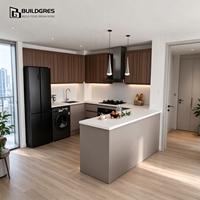 Meubles de cuisine modernes modulaires en bois ignifuges en forme de U bicolores, intégrés multi-appareils, avec îlot compact