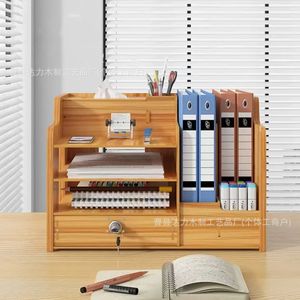 Wooden Office File Rack Multi Tier <b>Desktop</b> Organizer Storage <b>Shelf</b> For Stationery And Books With Drawer And Tissue Box - Product Image 2
