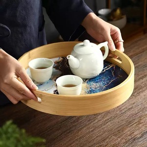 Wooden Round <b>Tray</b> With Painted Design For <b>Tea</b> Coffee Serving And Snacks - Product Image 3