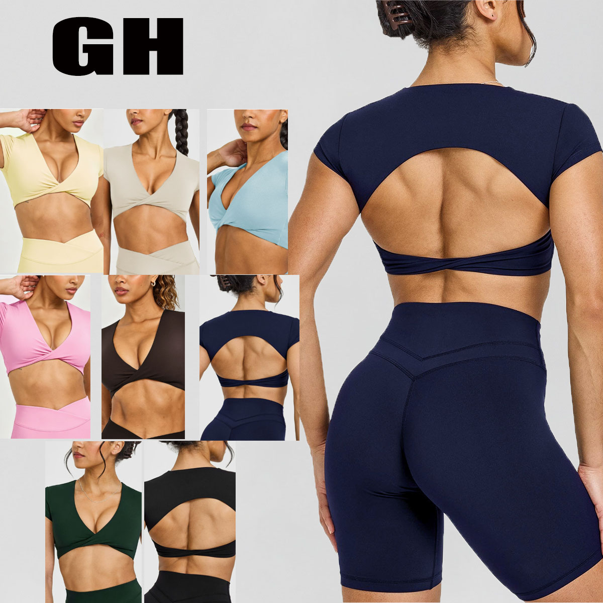GH Summer XS-XL Causal Outwear Women's Open Back Short Sleeve Yoga Top Solid Color Deep V Neck Twist Knot Cropped Fitted T-Shirt