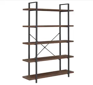 Custom 5 Tier Modern Rustic Industrial Bookshelf, Open Wide Office Etagere Book Shelf, Wood and Metal Bookcases