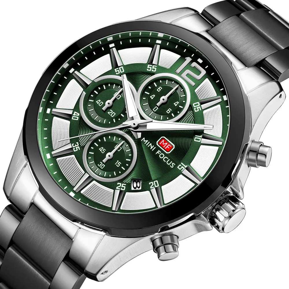 Мини-фокус MF0237G Топ-10 самых лучших брендов, Зеленый Мужские кварцевые часы Костюм сталь ремешок световой хронометр Дата дисплей спортивные наручные часы