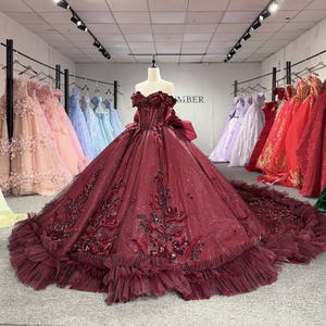 Dy8573 Elegant Wine <b>Red</b> Princess Quinceanera Ball Gown Appliques <b>Glitter</b> Chiffon Floral Embroidery Natural Shoulder Lace Dress - Product Image 2