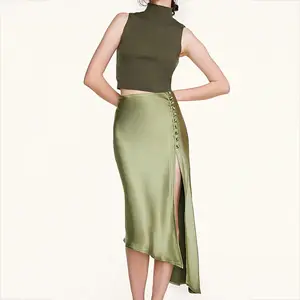 Custom Women Casual High Quality Sexy Satin Side Slit Asymmetric Wrap Midi Skirt