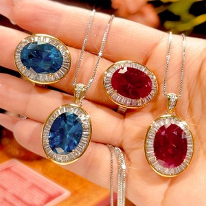 Fashion Eco-friendly Copper <b>Valentine</b> Jewelry Set Bezel Set 12*16mm Blue Cubic Zirconia Romantic Luxury Necklace and Earring Set - Product Image 1