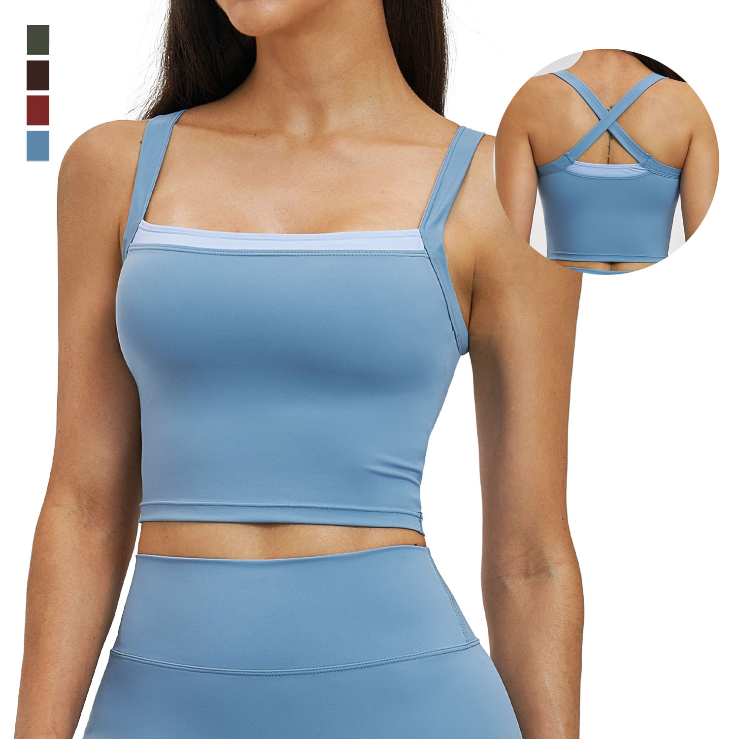 Women's Breathable Four-Way Stretch Gym Tank Top Sleeveless Double Layers Square Neck Backless Cross Back Yoga Workout Crop Top