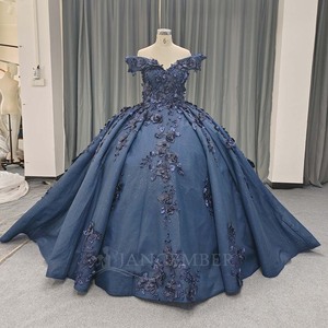 Vestido de Quinceañera Azul Marino Lsany228 con Cuello en V, Encaje, Cuentas, Flores 3D, Vestido de Gala con Cola Capilla para Embarazadas - Product Image 2