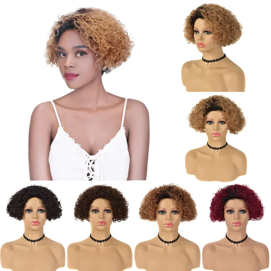 Bob Wig Human Hair Pixie Cut Kinky Curly Wigs None Lace Front Wig for Black Wholesale Short Curly Brazilian Women Ombre Blonde