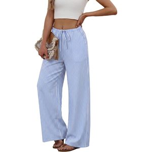 Women's Linen Palazzo Pants Wide Leg High Waist <b>Flowy</b> Beach Trousers With Pockets Summer Breathable Long Pants - Product Image 4