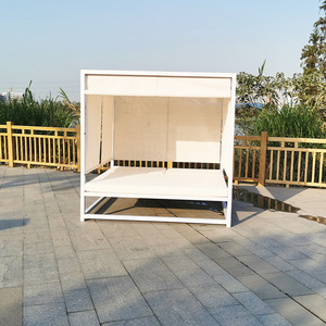Modern Hotel Pool Beach Furniture White Aluminum Square <strong>Outdoor</strong> Double Cabana <strong>Daybed</strong> <strong>Canopy</strong> <strong>With</strong> Curtains - Product Image 4