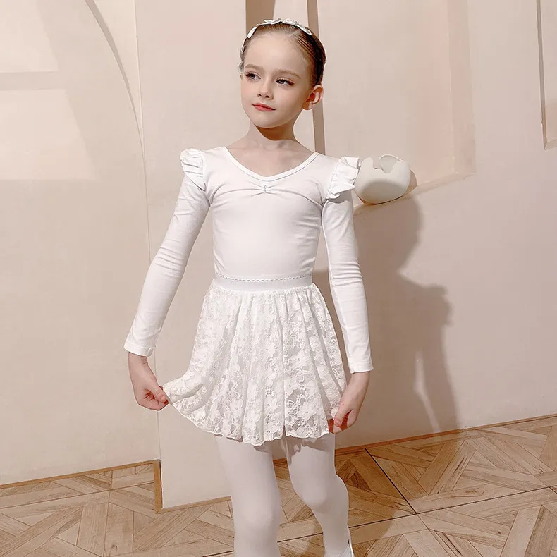 Children's dance clothes long sleeve leotards girls dance training clothes white lace skirt ballet wear