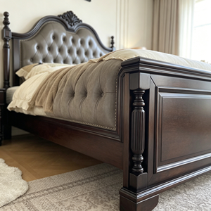 Traditional Queen Size Upholstered Wood Bed with Storage <b>Box</b> Spring Frame Mahogany Finish Soft Fabric Headboard - Product Image 5