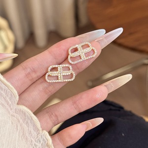 Moda europea americana elegante Versatile ago in <span class=keywords><strong>argento</strong></span> S925 nuovo doppio cerchio pieno diamante piccoli <span class=keywords><strong>orecchini</strong></span> a bottone alla moda - Product Image 1