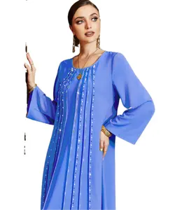SH0041 Dubai abaya maxi rayon blue dress 2023 breathable chiffon nailed beaded plus size women casual robe Eid Ramadan stock