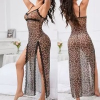 Robe longue sexy à imprimé léopard pour femmes avec jarretelles en dentelle décorées de trous de nœuds évider une taille