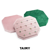Plateau à bijoux octogonal en velours avec couvercle et logo personnalisé, multi-compartiments, pour présentation de bagues et boucles d'oreilles en bijouterie, vente en gros