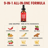 Gouttes de piment de Cayenne avec curcuma, racine de betterave, baie d'aubépine, vitamine D3 K2, complément liquide à base de plantes naturelles, 60 ml
