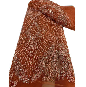 Chất Lượng Cao Màu Cam Pleats Lấp Lánh Vải Trang Phục Chính Thức Buổi Tối Ăn Mặc Đính Cườm Ren Vải Cao Chất Liệu Cuối Sequins Sang Trọng Cho Đảng - Product Image 1