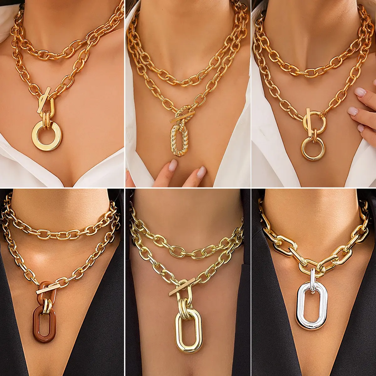 2024 New Top Seller Vintage trendige Aluminiumkette mehrschichtige Halskette geometrische Metall-Krauenbeine-Kette lange Halskette für Damen