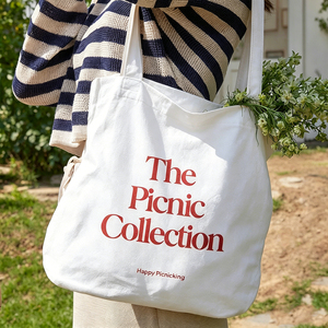 Wholesale Picnic Collection Canvas Tote Bag Large Size Shoulder Handle Casual Daily Use <b>Drawstring</b> Closure White Red Print - Product Image 1
