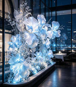 Y-034 Installation de fleurs artificielles géantes <span class=keywords><strong>iris</strong></span>ées de luxe sur mesure, <span class=keywords><strong>bleu</strong></span> et blanc, grande décoration florale artificielle pour mariage et vitrine - Product Image 2