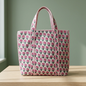 Cotton Hand Block Printed Quilted Tote <b>Bags</b>, Traditional Indian Tote <b>Bags</b>, Handcrafted Tote <b>Bags</b> with Hand Block Prints Tote <b>Bag</b> - Product Image 3