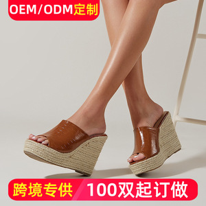 Mules compensées à plateforme peep toe avec semelle en paille en cuir PU pour femme – Chaussures d'été rehaussantes - Product Image 5