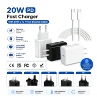 Cargador Rápido HNT 20W PD con Cable Trenzado de Nailon de 60W C-C, Enchufe US/EU/UK/JP/KC, Adaptador de Corriente con Carga Rápida para iPhone 16