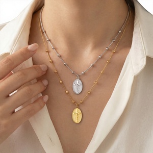 18K vacuüm vergulde roestvrijstalen kruis ovale hanger ketting met kralen slangenketting religieuze geloofssieraden voor vrouwen - Product Image 1