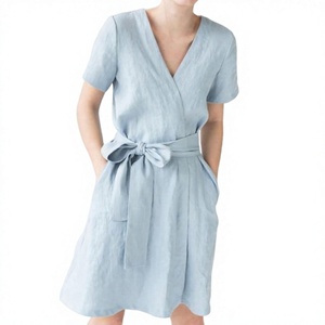 Vestido midi de lino rosa para mujer, con cuello en V, manga corta, cinturón para atar en la cintura, elegante, informal, de verano, lino, venta al por mayor - Product Image 3