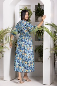 Flower Print Sea Green <b>Dress</b> For Women With Gathered V Neck Puffed Sleeves And <b>Elasticated</b> Waist For Stylish Casual Fashion Wear - Product Image 3