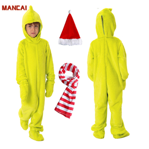 儿童圣诞绿色小偷角色扮演服装柔软长袖件睡衣服装连身衣角色扮演派对套装配帽子围巾 - Product Image 1