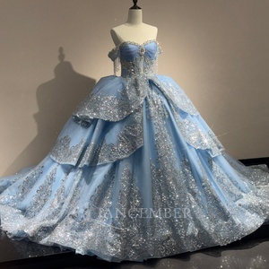 ชุดเดรส XS280 สีน้ำเงินสวยงาม ประดับลูกปัดคริสตัล ปักลายฉลุ แต่งระบายชายกระโปรงยาวลากพื้น พร้อมพู่ห้อยและโบว์ - Product Image 3