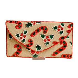 Bolso de mano tipo sobre de lino con cuentas, diseño de bastón de caramelo y alete, para mujer, estilo elegante para fiesta de Navidad, cierre de solapa, impermeable - Product Image 1