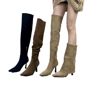 Autumn Thin Thick Platform Over-<b>Knee</b> Suede Upper Mesh Lining Zip Metal Studs Wide Leg Fit Boots - Product Image 1