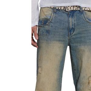 ผู้ผลิตกางเกงยีนส์ กางเกงยีนส์ทรงหลวมขาบานเอวกลางสำหรับผู้ชาย รุ่น X5 Pocket Flare สีฟ้าซีดแบบ Sand Wash ขาดรุ่ย ทรงขากว้างหลวมโอเวอร์ไซส์ - Product Image 4