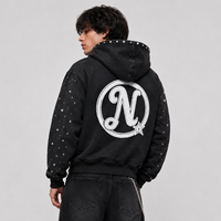 Sweat à capuche zippé noir surdimensionné pour homme, en coton personnalisé, avec strass thermocollants, imprimé numérique, délavé à l'acide, pour l'hiver