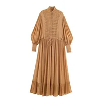 Robe longue décontractée à col montant marron avec lacets et boutons, manches longues lanternes, pour femmes